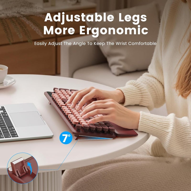 SABLUTE Wireless Keyboard, Round Keycaps, Retro Typewriter Keyboard with Detachable Wrist Rest, Sleep Mode, Foldable Legs, 2.4GHz Full-Size Cordless Computer Keyboard for Windows/PC/Laptop (Burgundy Colors) - Image 3
